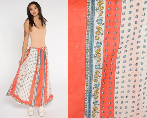 Floral Bohemian Skirt Maxi 70s Long Skirt Orange White High Waist Hippie 1970s Boho Vintage Bohemian Retro Medium