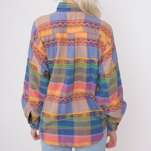 Geometric Checkered Shirt 80s 90s Southwestern Plaid Button Up Blouse Zig Zag Chevron Collared Vintage Long Sleeve Blue Pink Taupe Large image 8