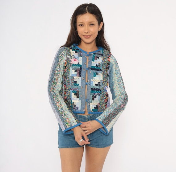 Calico Patchwork Quilted Jacket 90s Floral Button Front Cotton Prairie Log Cabin Quilt Coat Blue Navy Cottagecore Cardigan Extra Small XS