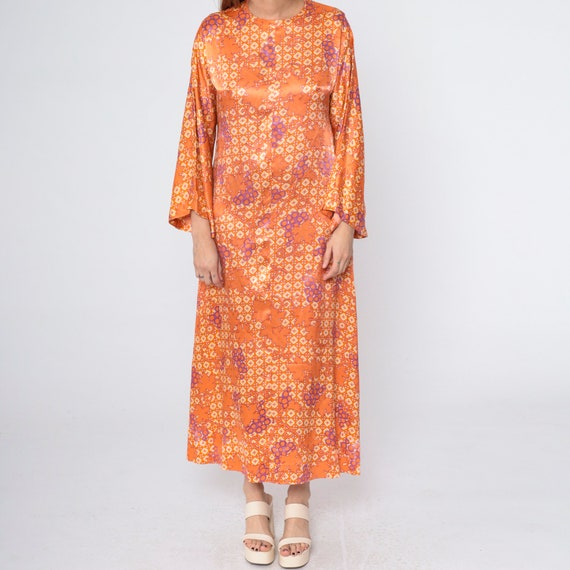 70s Maxi Bell Sleeve Dress Orange Psychedelic Lea… - image 8
