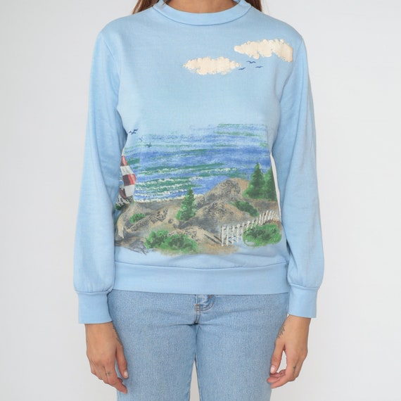 90s Lighthouse Sweatshirt Baby Blue Beach Sweater… - image 7