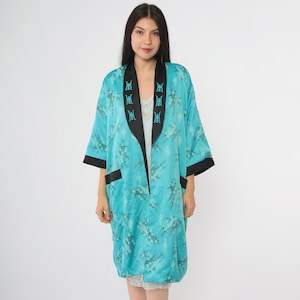 Dragon Kimono 90s Reversible Embroidered Satin Robe Black Turquoise Chinese Asian Vintage Boho Statement Piece Small Medium Large S M L