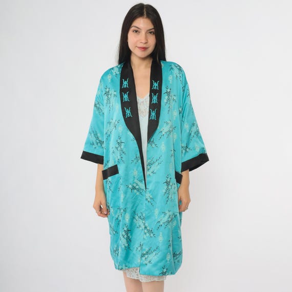 Dragon Kimono 90s Reversible Embroidered Satin Robe Black Turquoise Chinese Asian Vintage Boho Statement Piece Small Medium Large S M L