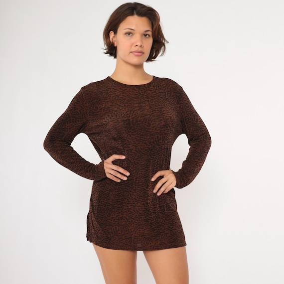 90s Animal Print Dress Micro Mini Shift Vintage Abstract Leopard Print Long sleeve 1990s Going Out Party Brown Black Small