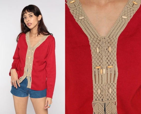 Red Hippie Sweater Macrame Trim 80s V Neck Sweater Boho Pullover Knit Woven Long Sleeve Bohemian Shirt 1980s Vintage Knitwear Large L