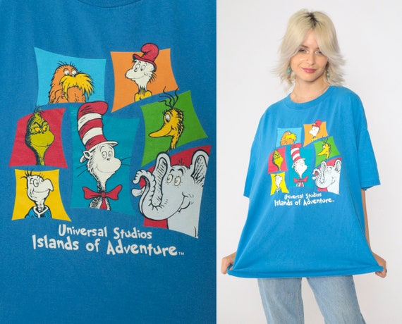 Vintage 00s Seuss Landing T-Shirt Blue Universal Studios Islands of Adventure Tee Dr. Seuss Characters Shirt Y2K 2xl xxl