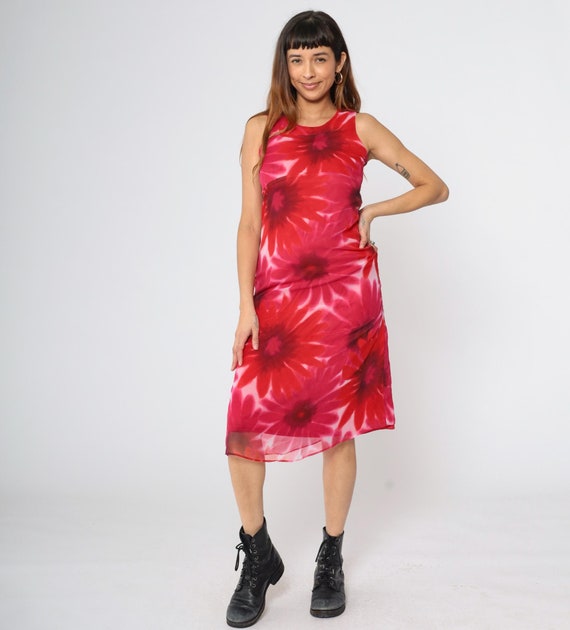 Red Floral Dress 90s Midi Dress Sleeveless Empire Waist Pink Flower Print Round Neck Long Hippie Vintage 1990s Extra Small xs Petite
