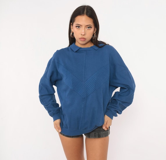 80s Cobalt Sweatshirt Collared Chevron Quilted Panel Long Sleeve Blue Cotton Boxy Plain Solid Cotler Normcore New Wave Vintage Top Small S