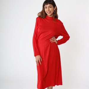 Plain Red Dress 80s Mock Neck Midi Dress Plain Low Elastic Waist Secretary 1980s Vintage Long Sleeve Solid Shift Basic Medium