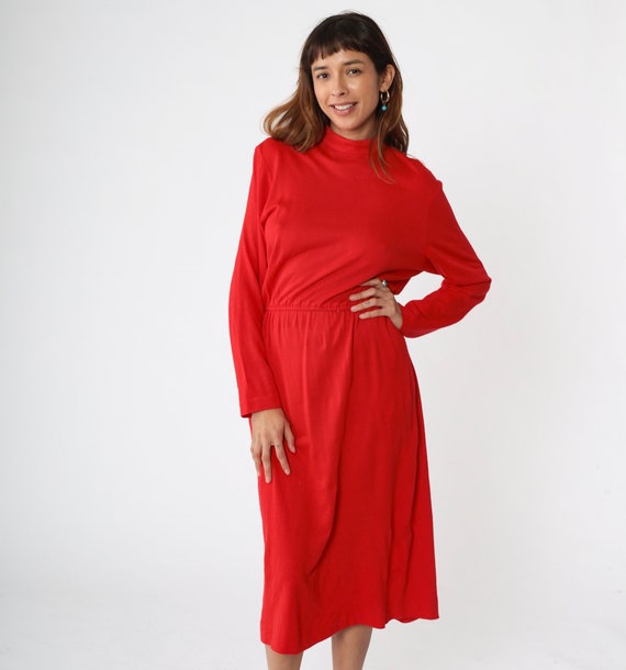 Plain Red Dress 80s Mock Neck Midi Dress Plain Low Elastic Waist Secretary 1980s Vintage Long Sleeve Solid Shift Basic Medium