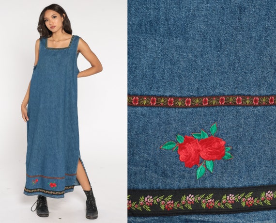 Denim Overall Dress 90s Floral Jean Jumper Dress Retro Maxi Day Dress Casual Blue Flower Trim Sleeveless Vintage 1990s Extra Large xl 16