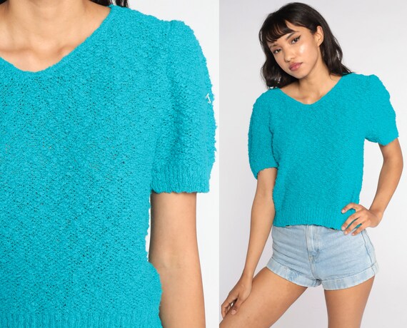 Knit Puff Sleeve Top 80s Turquoise Shirt Boho Sho… - image 1