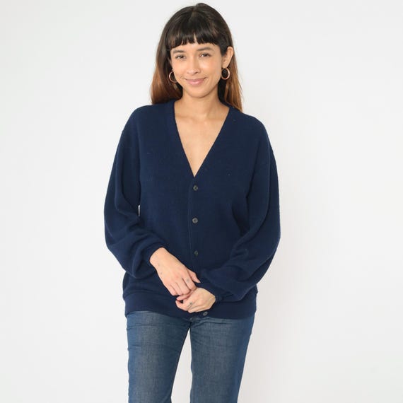 Vintage Navy Blue Cardigan 80s Knit Deep V Neck Button Up Sweater Plain Basic Solid Retro Acrylic Knitwear 1980s JCPenney Fox Men's Large L