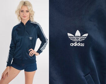 Adidas Track Jacket 80s Navy Blue Zip Up Jacket Retro Sports Striped Old School Raglan Sleeve Warm Up Jacket Vintage 1980s Extra Small xs