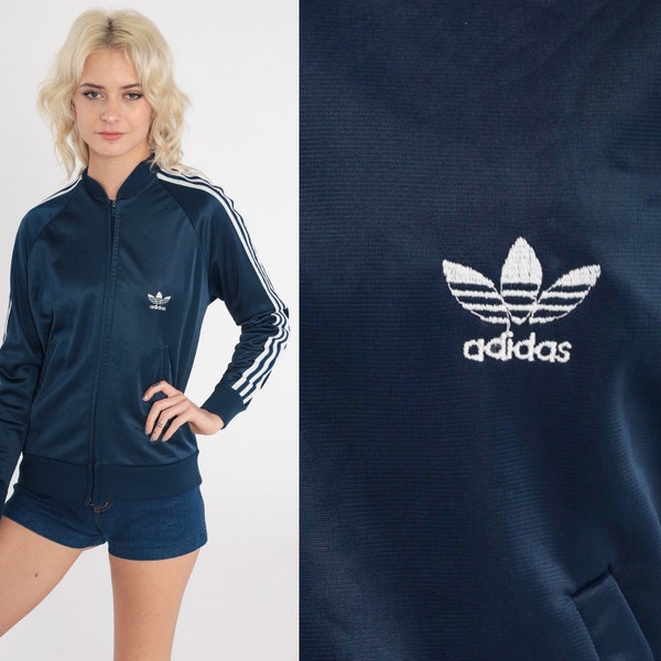 Adidas Track Jacket 80s Navy Blue Zip Up Jacket Retro Sports Striped Old School Raglan Sleeve Warm Up Jacket Vintage 1980s Extra Small xs