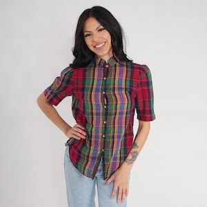80s Plaid Blouse Checkered Puff Sleeve Shirt Button Up Shirt Collared Top Retro Secretary Red Green Purple Vintage 1980s Extra Small xs