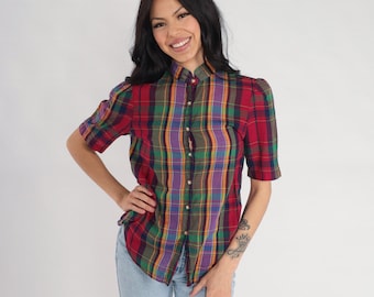 80s Plaid Blouse Checkered Puff Sleeve Shirt Button Up Shirt Collared Top Retro Secretary Red Green Purple Vintage 1980s Extra Small xs