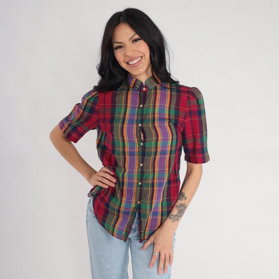 80s Plaid Blouse Checkered Puff Sleeve Shirt Button Up Shirt Collared Top Retro Secretary Red Green Purple Vintage 1980s Extra Small xs