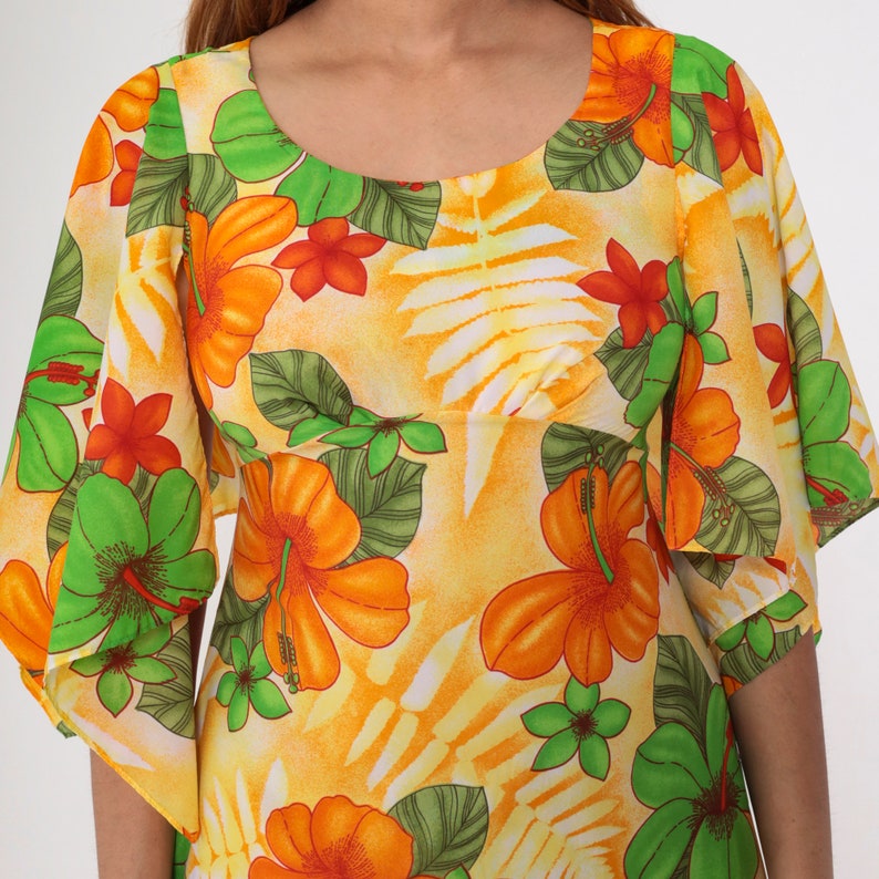 70s Hawaiian Maxi Dress Angel Sleeve Floral Empire Waist Hippie ...