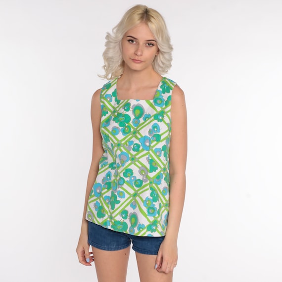 Floral Tank Top 60s Mod Hippie Blouse Psychedelic Shirt Blue Green Boho Top Sleeveless Vintage Bohemian 70s Groovy Small