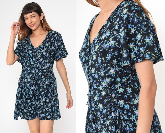 Vintage Floral Romper 90s Grunge Playsuit Black Blue Flower Print Wide Leg Mini 1990s Rayon Lace Up Short Sleeve Button Up Jumpsuit Medium