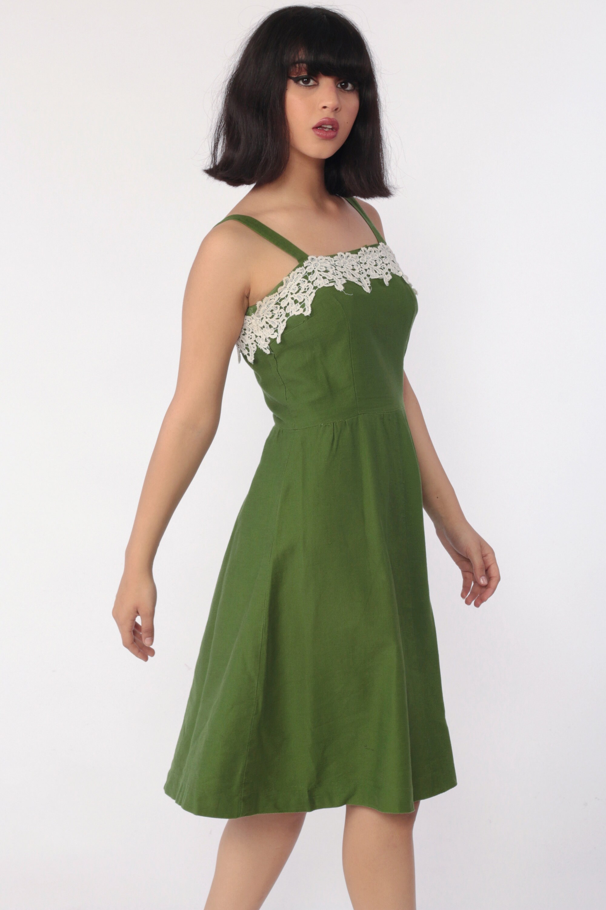 Green Sundress 1960s Dress FLORAL LACE Garden Party 60s Cotton Day Sun