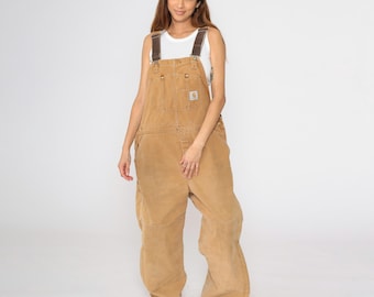 Vintage Insulated Carhartt Overalls 90s Brown Coveralls Cargo Double Front Dungarees Work Pants Utility Quilted Lined 1990s Men's 42 x 32