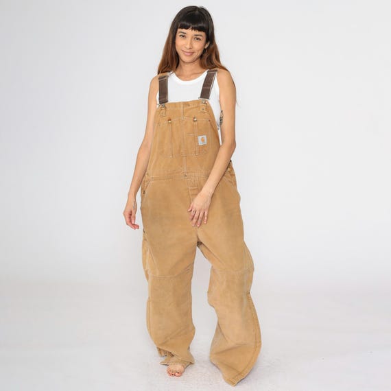 Vintage Insulated Carhartt Overalls 90s Brown Coveralls Cargo Double Front Dungarees Work Pants Utility Quilted Lined 1990s Men's 42 x 32