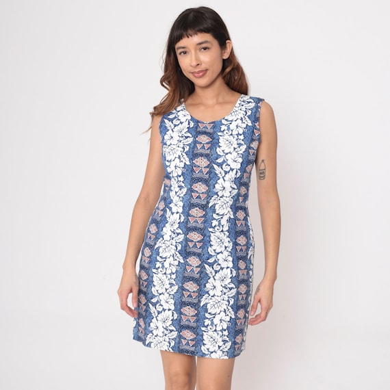 Hawaiian Sun Dress 90s Blue Mini Floral Tropical Print Sundress Summer Vintage 1990s Sleeveless Sheath Minidress Cotton Medium