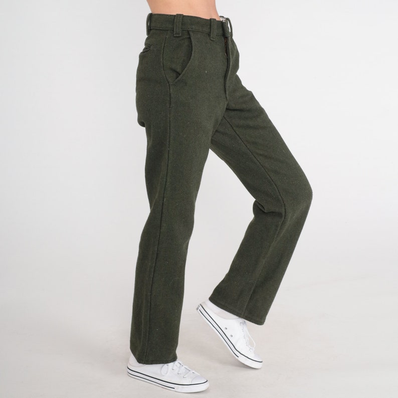 Wool Blend Trousers Olive Green Pants 80s Straight Leg Trousers High Waisted 1980s Vintage Small 28 image 5