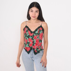 Floral Cami Top 90s Victoria&#39;s Secret Lingerie Shirt Lace Trim Button up Camisole Sexy Sleep Spaghetti Strap Green Red Vintage 1990s Small S