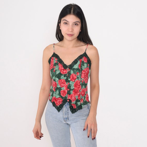 Floral Cami Top 90s Victoria's Secret Lingerie Shirt Lace Trim Button up Camisole Sexy Sleep Spaghetti Strap Green Red Vintage 1990s Small S