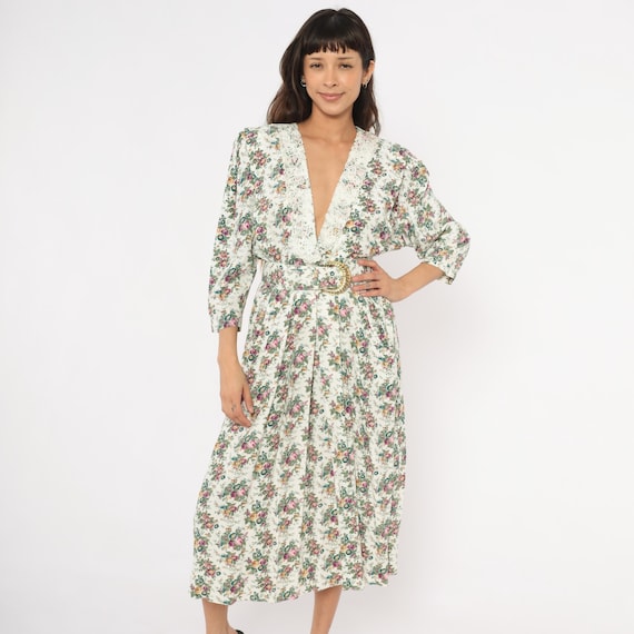 Lace Collar Floral Dress 90s Cottagecore Prairie Midi V Neck Belted Gold Buckle Pink Olive Cream Pleated Skirt Feminine Vintage Medium M