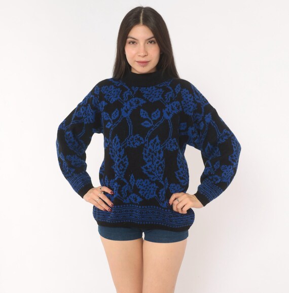 80s Floral Knit Sweater Black Blue Rose Pattern Pullover Jamie Scott Jacquard Leaf Botanical Grandpa Style Jumper Winter Fall Medium M