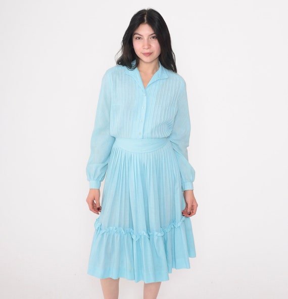 Blue Shirtwaist Dress 80s Prairie Button up Midi Dress Long Puff Sleeve High Waisted Day Dress Tiered Vintage 1980s Herman Marcus Small S