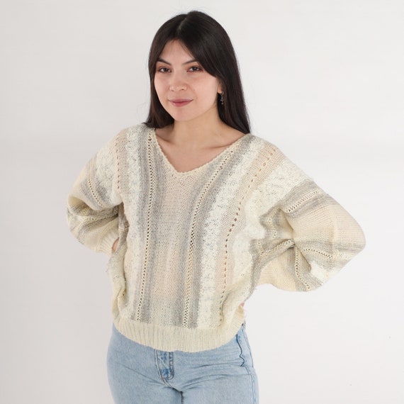Open Weave Sweater 80s Cream Striped Knit Dolman … - image 2