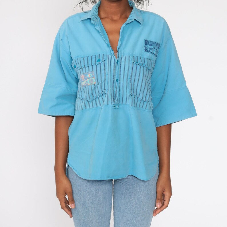 Blue Tropical Shirt 90s PALM TREE Shirt Hawaiian Distressed SURFER Button Up Shirt 1990s Summer Top Striped Beach Sea Medium Large image 6