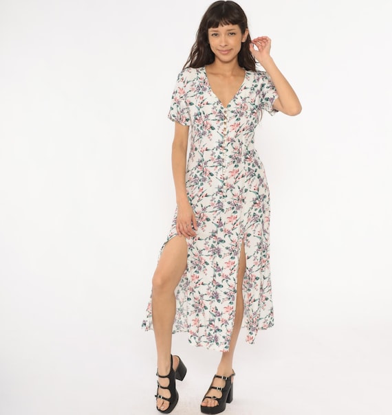90s Soft Grunge Floral Dress Cream White Prairie Short Sleeve Slit Cottagecore Fairycore Pink Purple Green Botanical Summer Vintage Small S