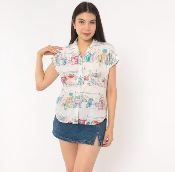 Cityscape Print Blouse 90s Whimsical Building Sketch Button Front Camp Collar White Teal Pink Novelty Village Shirt Quirky Vintage Small S