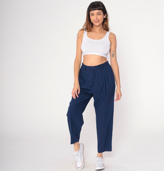90s Pleated Pants Navy Blue Trousers High Waisted Rise Pants Tapered Leg Slacks Preppy Plain Vintage 1990s Medium Large Petite