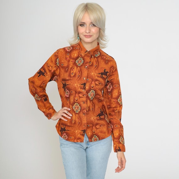Southwestern Cowboy Shirt 90s Panhandle Slim Horse Blouse Burnt Orange Rodeo Western Button Up Southwest Vintage 1990s Long Sleeve Small