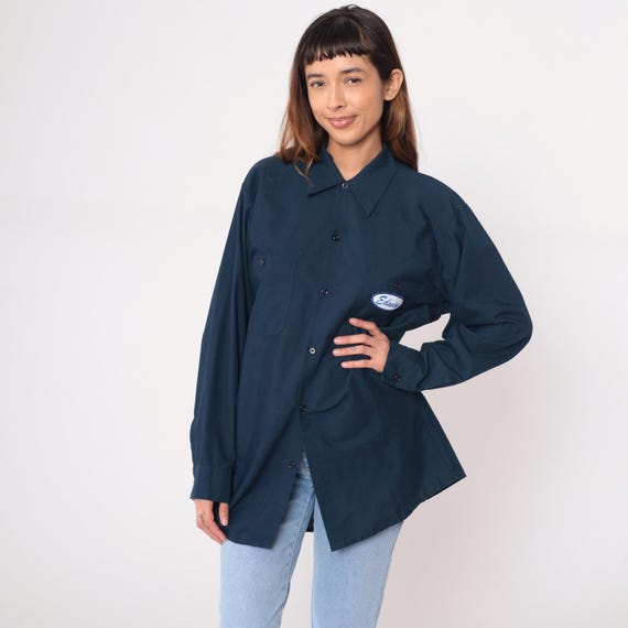 90s Work Shirt Edwin Name Patch Navy Long Sleeve Utility Uniform Industrial Gorpcore Workwear Valley Services Dark Blue Vintage Large L