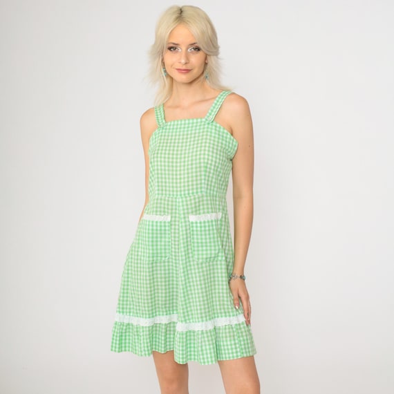 Vintage 70s Green Gingham Dress Mini Prairie Sundress Cottagecore Sleeveless Lace Checkered Print Pocket High Waist Sun Bohemian Small S