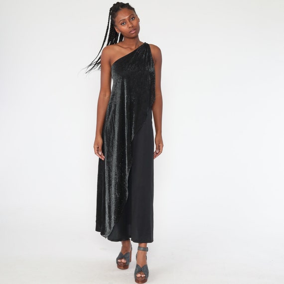 One Shoulder Dress 90s Black Metallic Party Y2K Dress Bodycon Sexy Maxi Sparkly Vintage Draped Toga Cocktail Club Extra Small xs