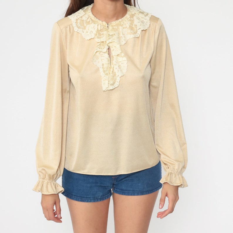 Tuxedo Lace Blouse Boho Hippie Blouse 70s Cream Shirt 1970s Blouse Beige Bohemian Top Retro Vintage Long Sleeve Tunic Hippy Small Medium