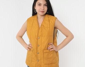 Vintage 70s Mustard Ski Vest Faux Sherpa Lined Puffer Vest Sleeveless Jacket Snap Up Puffy Retro Yellow Seventies Winter 1970s Medium Large