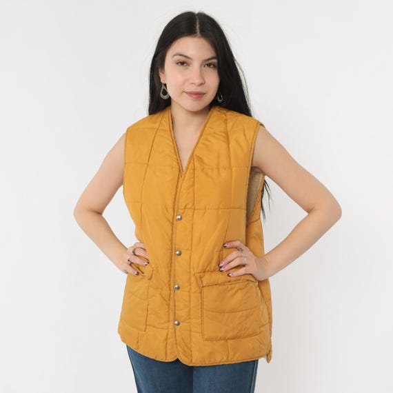 Vintage 70s Mustard Ski Vest Faux Sherpa Lined Puffer Vest Sleeveless Jacket Snap Up Puffy Retro Yellow Seventies Winter 1970s Medium Large