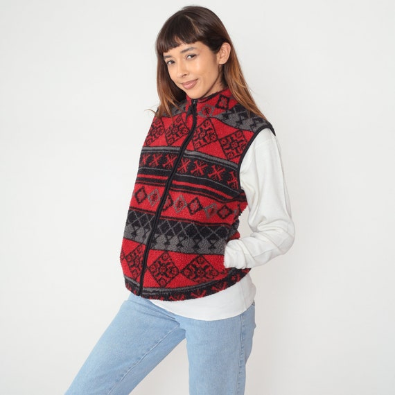 90s Fleece Vest Red Zip Up Vest Striped Geometric Print Sleeveless Sweater Retro Hiking Warm Cozy Layering Vintage 1990s Medium M