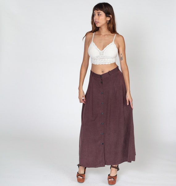 Dark Burgundy Silk Skirt 90s Maxi Skirt Long Button up Day Skirt Retro Simple Minimalist Fall High Waisted Basic Plain Vintage 1990s Small S