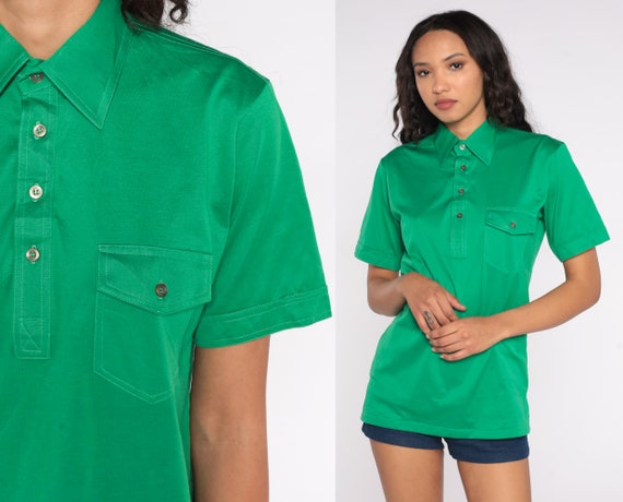Green Polo Shirt 70s Half Button Up Shirt Dagger Collared Short Sleeve Geek Retro Shirt Plain Green Top Disco Vintage 1970s Small S